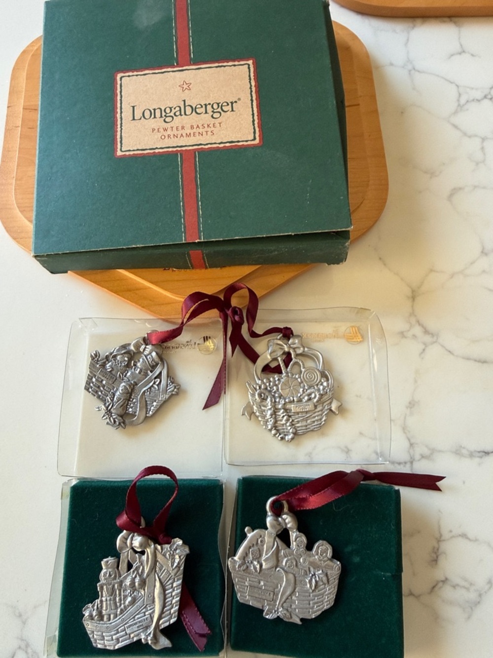 Longaberger Silver Pewter Basket Ornaments with Burgundy Ribbons